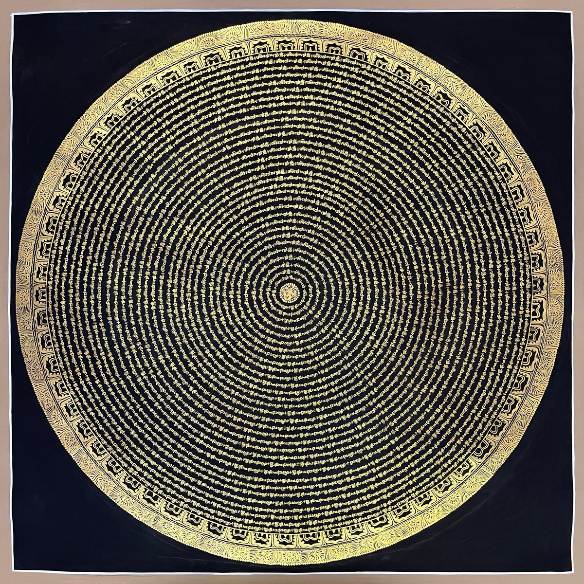 Mantra Mandala thangka, 107×107 cm: concentric rings of fine gold-coloured mantra script on black