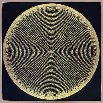 Mantra Mandala thangka, 107×107 cm: concentric rings of fine gold-coloured mantra script on black