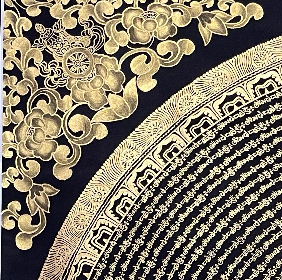 Mantra Mandala thangka, detail: top-left corner