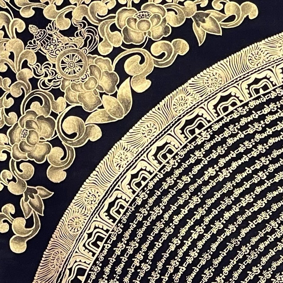 Mantra Mandala thangka, detail: top-left corner