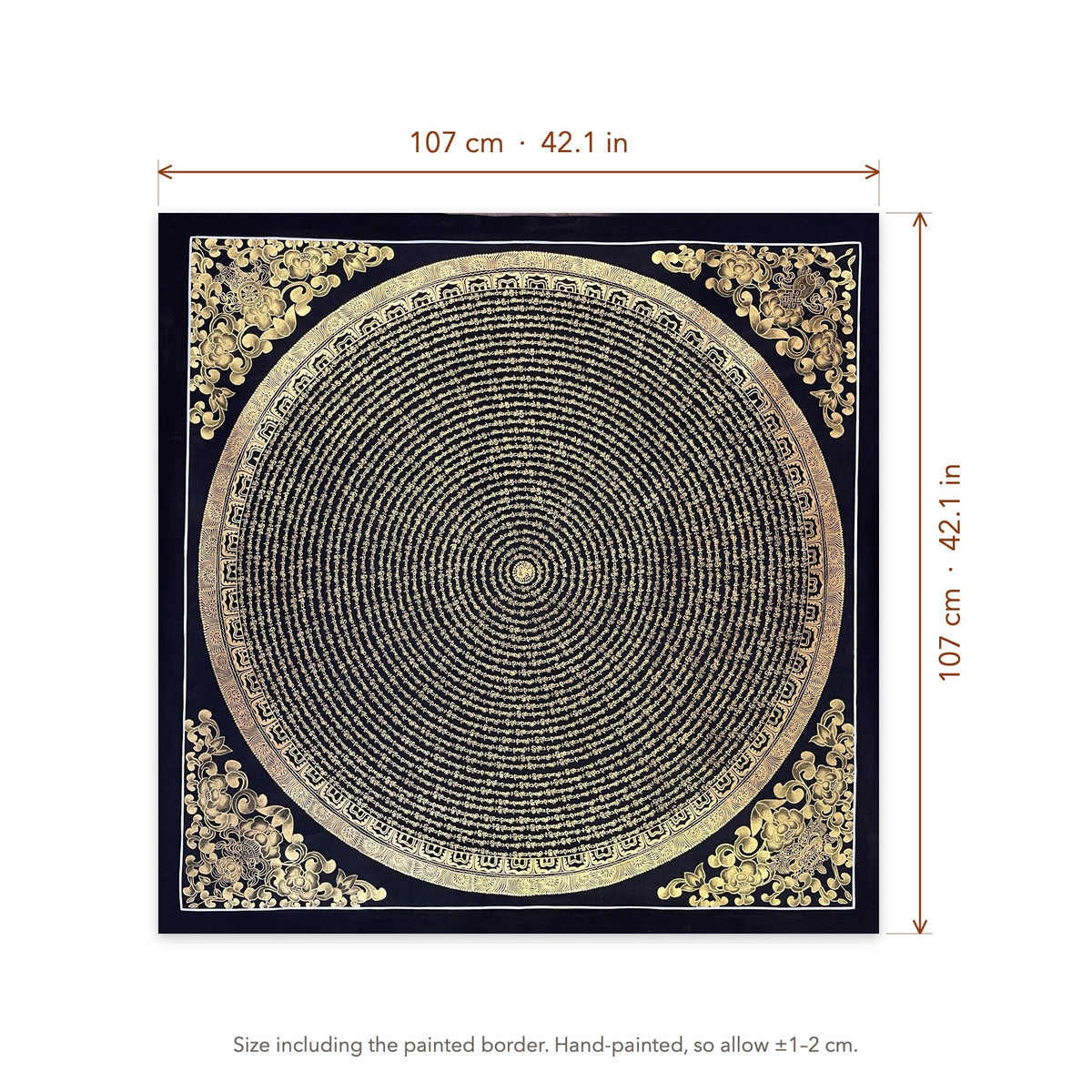 Size diagram: 107 × 107 cm (42.1 × 42.1 in), including the painted border