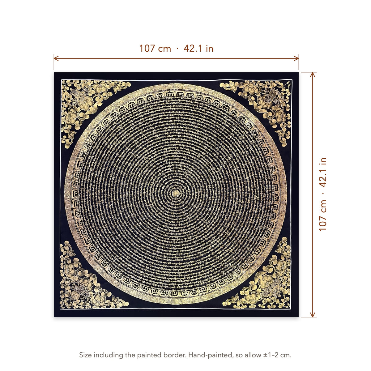 Size diagram: 107 × 107 cm (42.1 × 42.1 in), including the painted border
