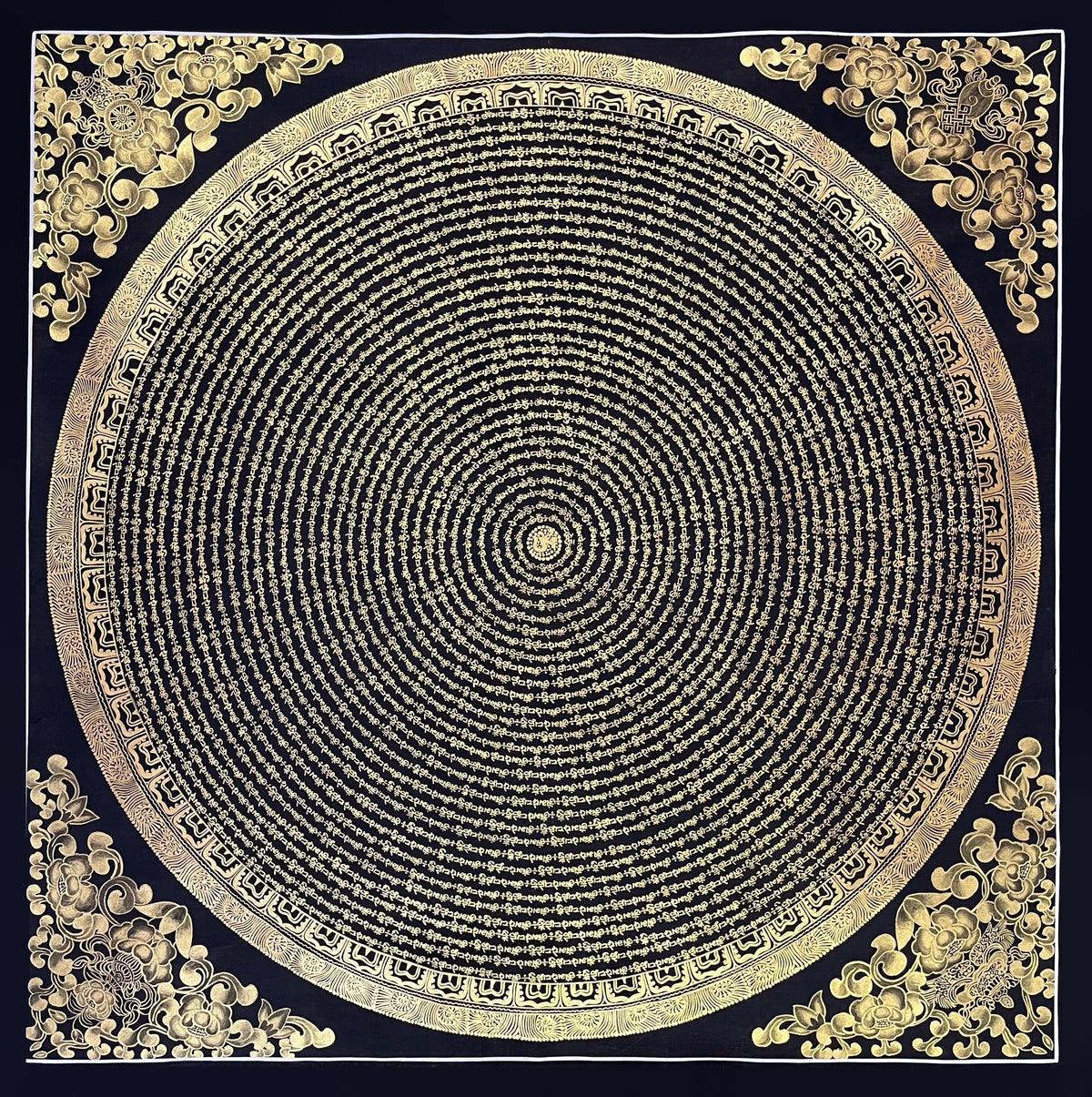 Mantra Mandala thangka, 107×107 cm: concentric rings of gold-coloured mantra script on black, with gold-coloured peonies in the corners