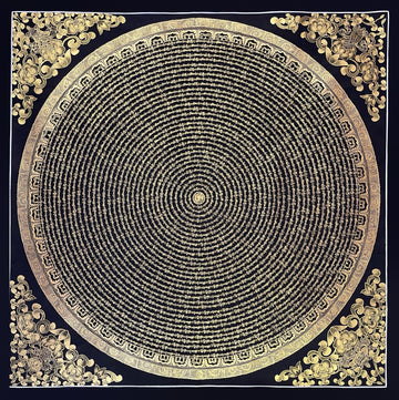 Mantra Mandala thangka, 107×107 cm: concentric rings of gold-coloured mantra script on black, with gold-coloured peonies in the corners