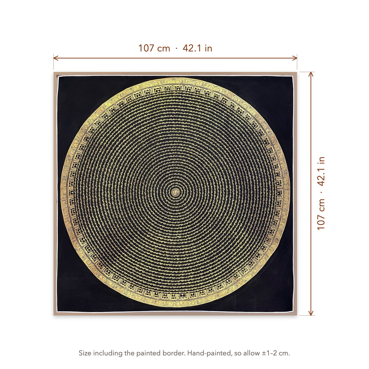 Size diagram: 107 × 107 cm (42.1 × 42.1 in), including the painted border