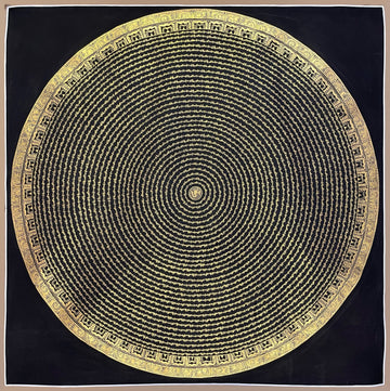 Mantra Mandala thangka, 107×107 cm: concentric rings of gold-coloured Om Mani Padme Hum script on black around a central Om