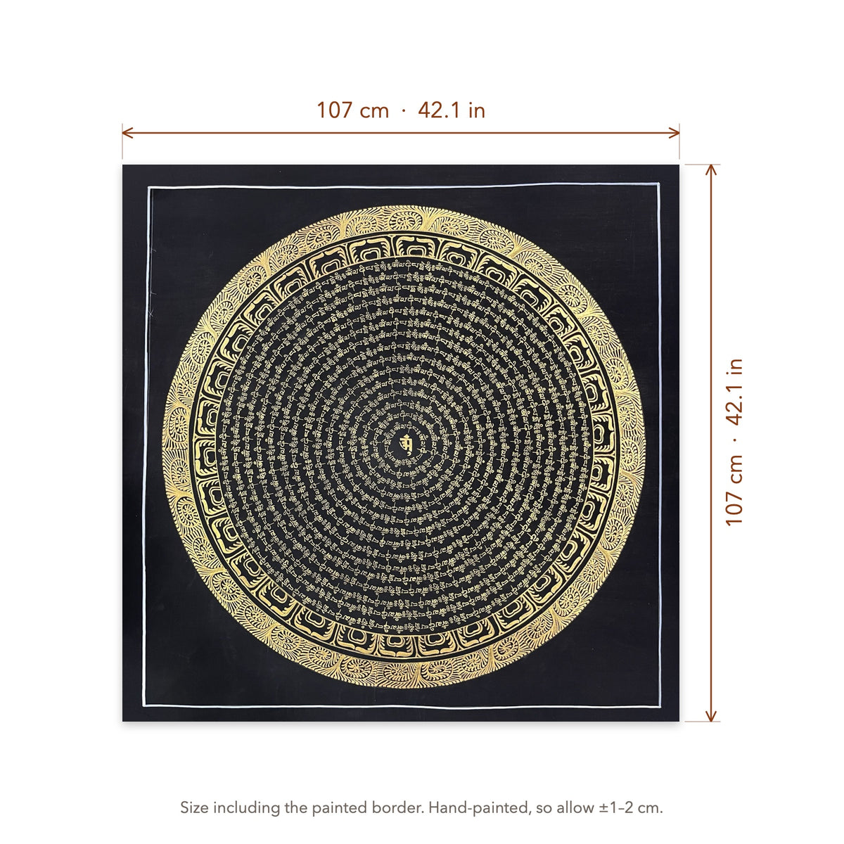 Size diagram: 107 × 107 cm (42.1 × 42.1 in), including the painted border