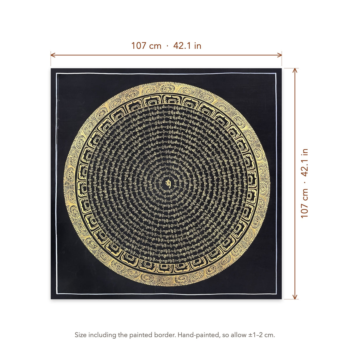 Size diagram: 107 × 107 cm (42.1 × 42.1 in), including the painted border