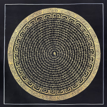 Mantra Mandala thangka, 107×107 cm: rings of gold-coloured mantra script on black around a single syllable