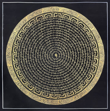 Mantra Mandala thangka, 107×107 cm: rings of gold-coloured mantra script on black around a single syllable