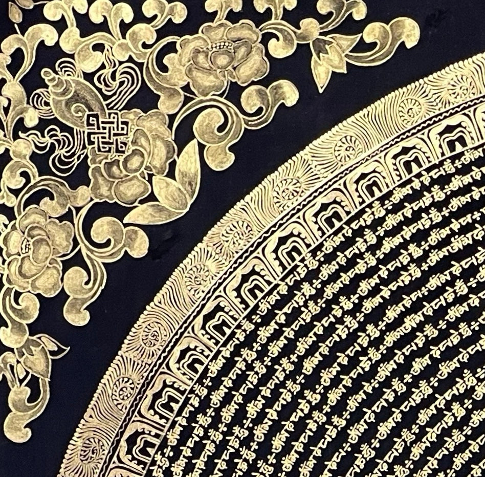 Mantra Mandala thangka, detail: top-left corner