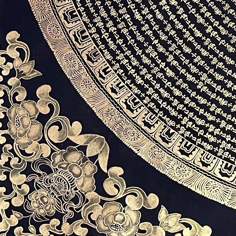 Mantra Mandala thangka, detail: bottom-left corner