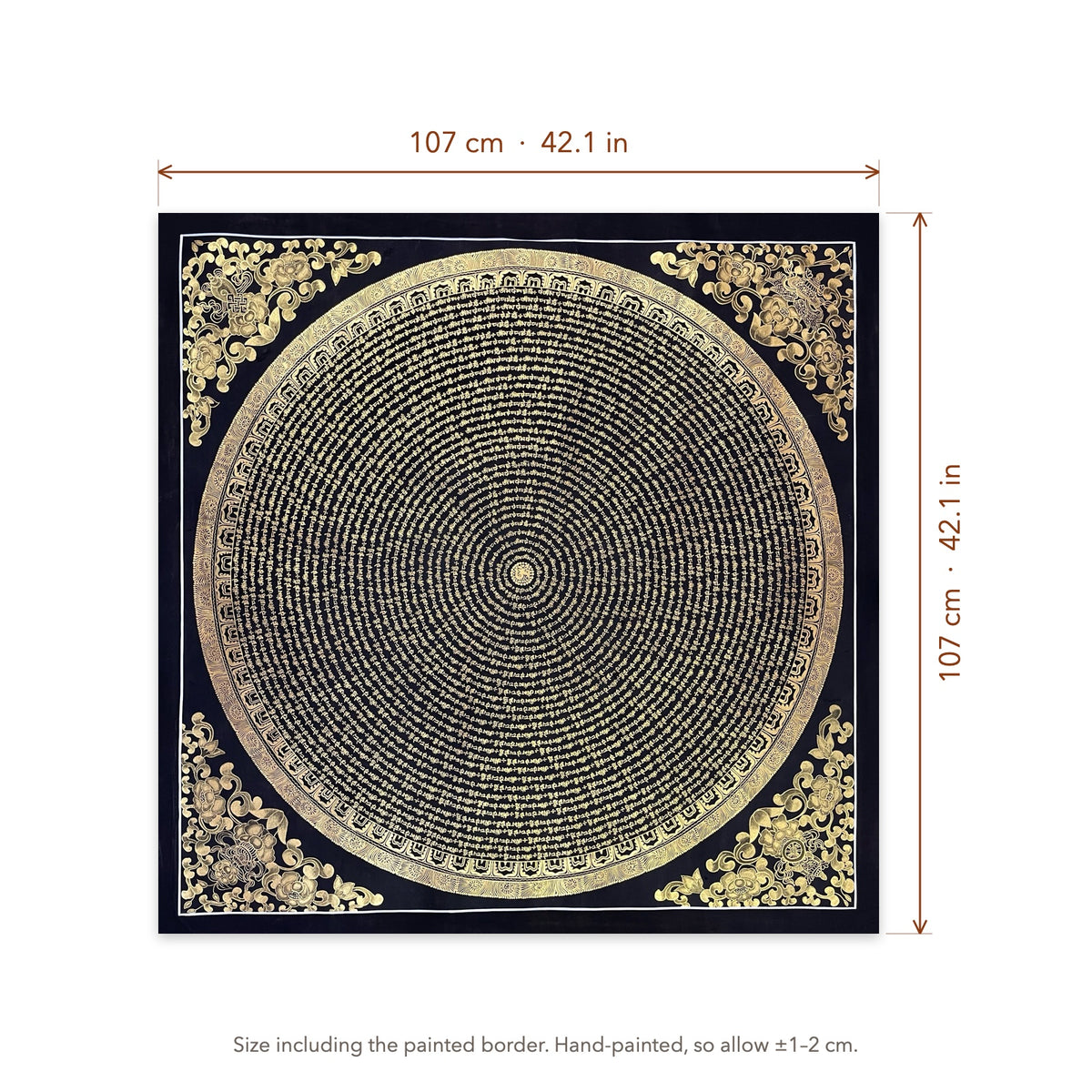 Size diagram: 107 × 107 cm (42.1 × 42.1 in), including the painted border