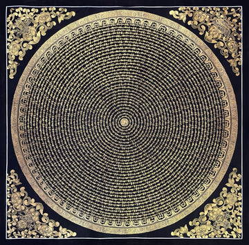 Mantra Mandala thangka, 107×107 cm: concentric rings of gold-coloured mantra script on black, with gold-coloured peonies in the corners