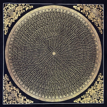Mantra Mandala thangka, 107×107 cm: concentric rings of gold-coloured mantra script on black, with gold-coloured peonies in the corners