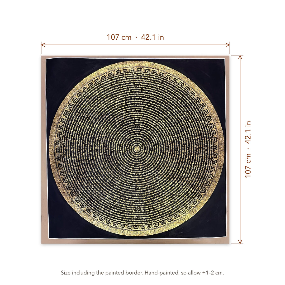 Size diagram: 107 × 107 cm (42.1 × 42.1 in), including the painted border