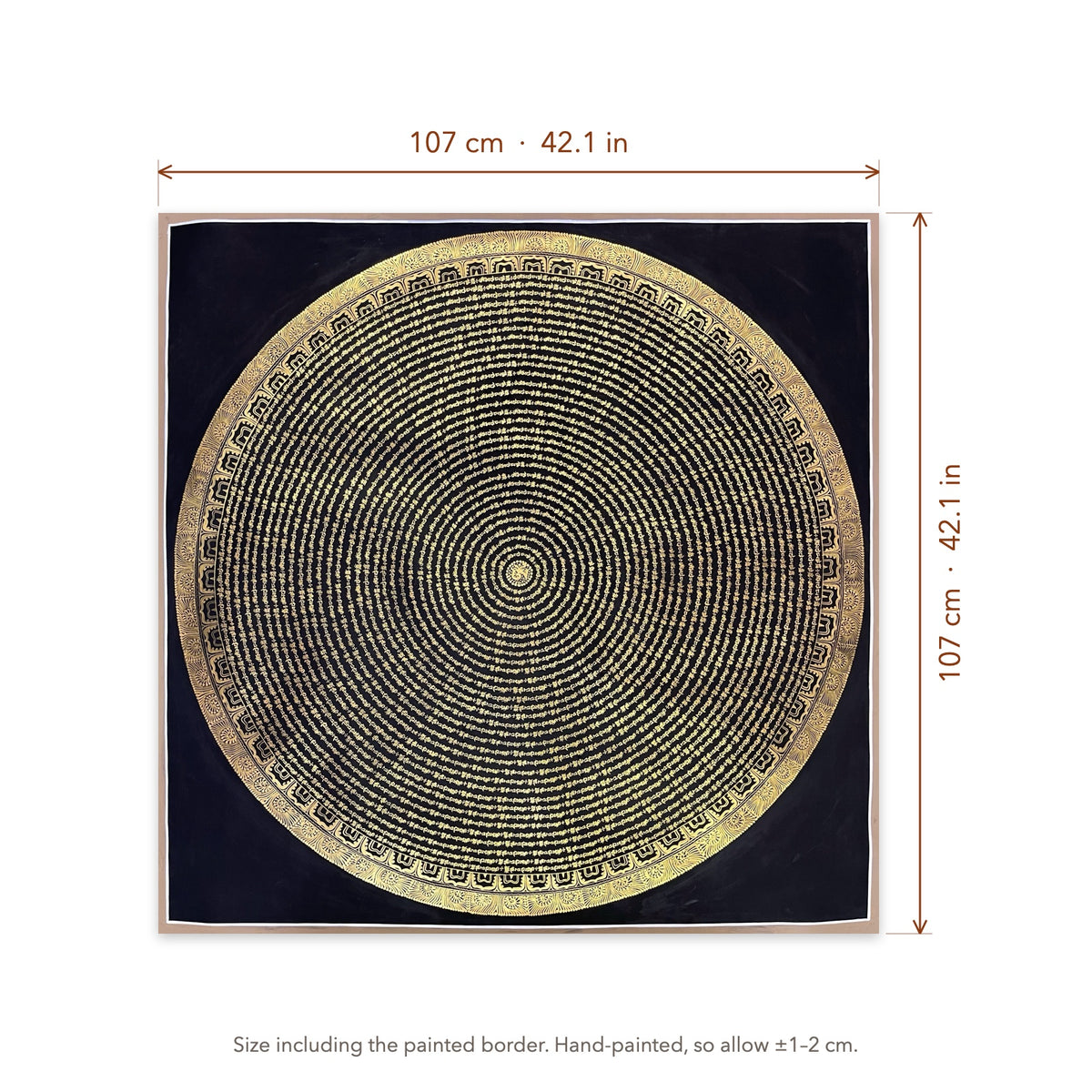 Size diagram: 107 × 107 cm (42.1 × 42.1 in), including the painted border