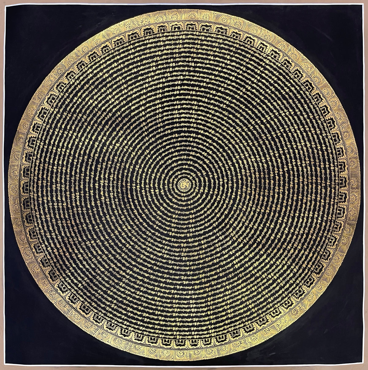 Mantra Mandala thangka, 107×107 cm: concentric rings of fine gold-coloured mantra script on black