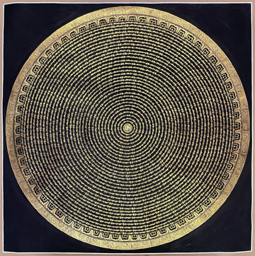 Mantra Mandala thangka, 107×107 cm: concentric rings of fine gold-coloured mantra script on black