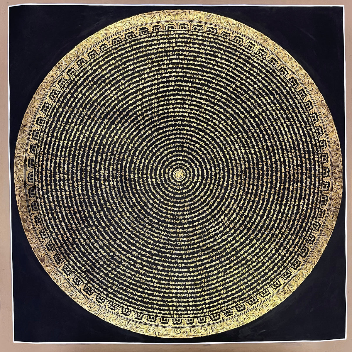 Mantra Mandala thangka, 107×107 cm: concentric rings of fine gold-coloured mantra script on black