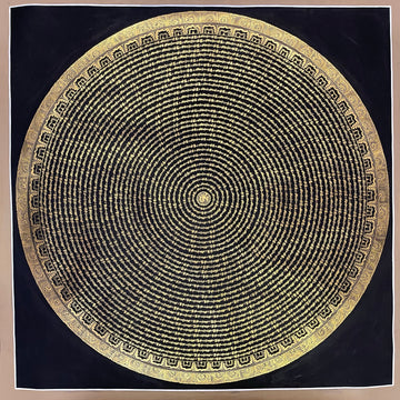 Mantra Mandala thangka, 107×107 cm: concentric rings of fine gold-coloured mantra script on black