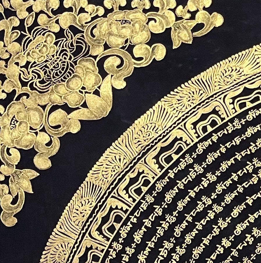 Mantra Mandala thangka, detail: top-left corner