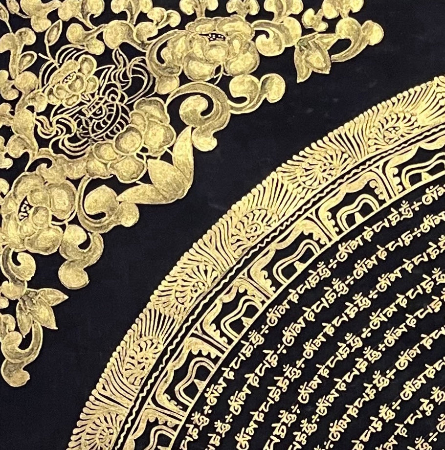 Mantra Mandala thangka, detail: top-left corner