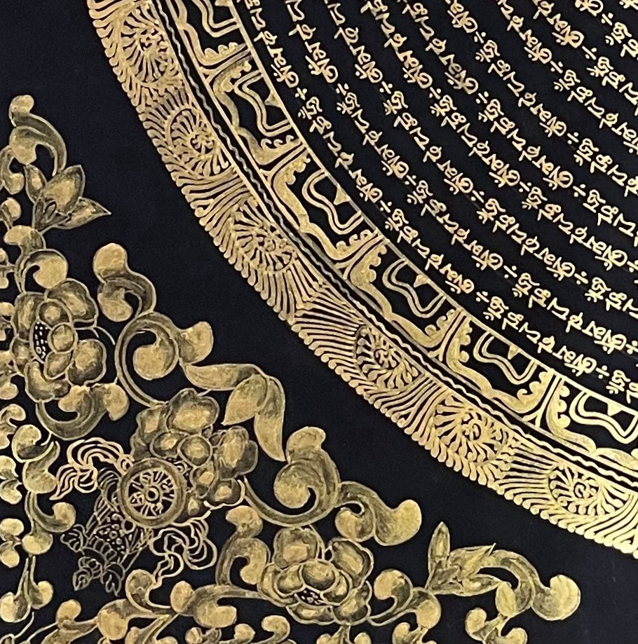Mantra Mandala thangka, detail: bottom-left corner