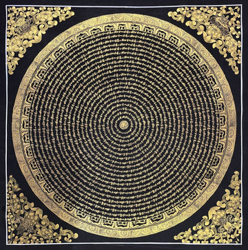Mantra Mandala thangka, 80×80 cm: concentric rings of gold-coloured mantra script on black, with gold-coloured peonies in the corners