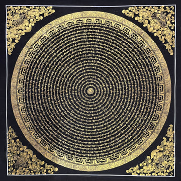 Mantra Mandala thangka, 80×80 cm: concentric rings of gold-coloured mantra script on black, with gold-coloured peonies in the corners