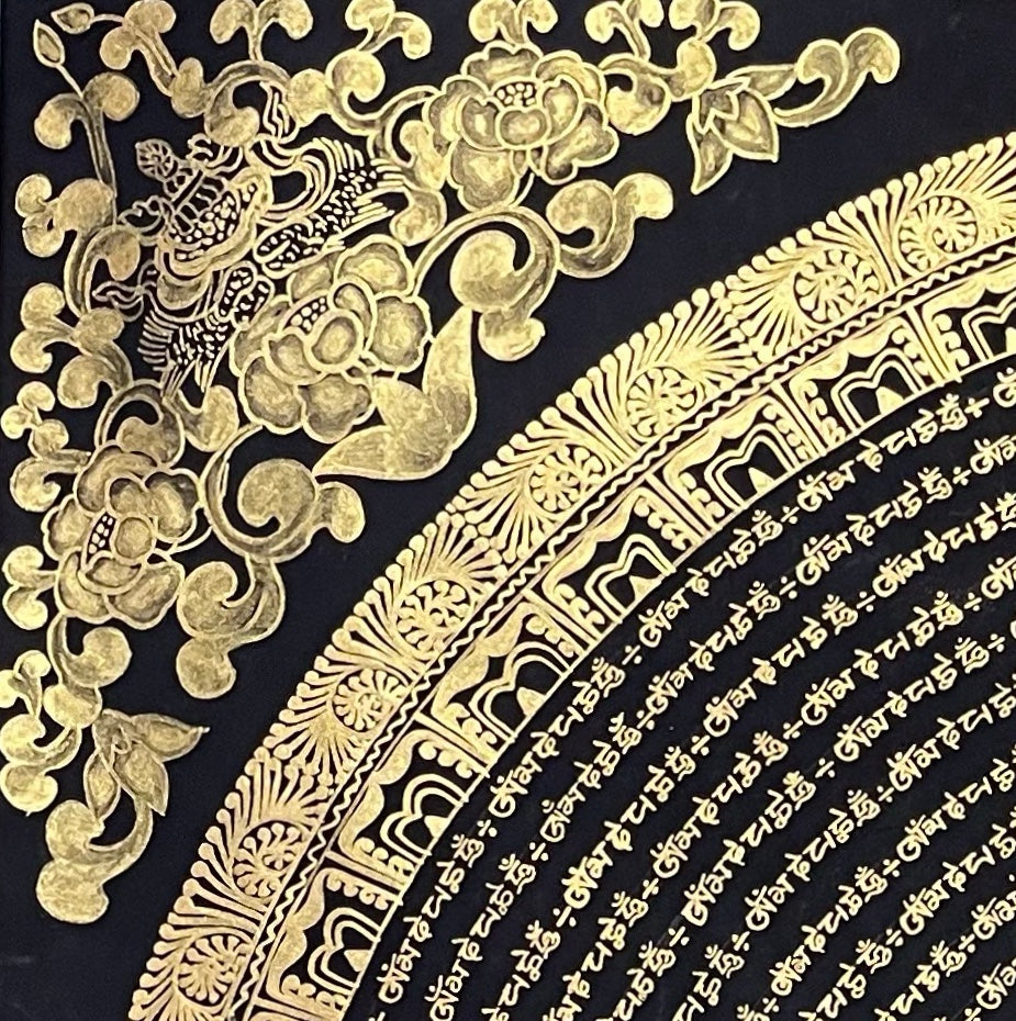 Mantra Mandala thangka, detail: top-left corner