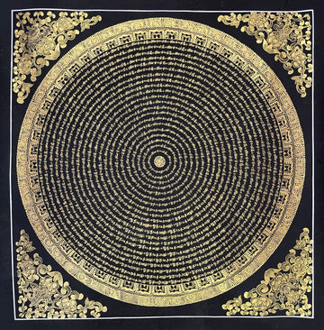 Mantra Mandala thangka, 80×80 cm: concentric rings of gold-coloured mantra script on black, with gold-coloured peonies in the corners
