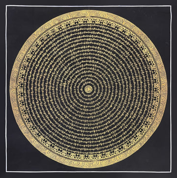 Mantra Mandala thangka, 75×75 cm: rings of gold-coloured Om Mani Padme Hum script around a central Om, on black