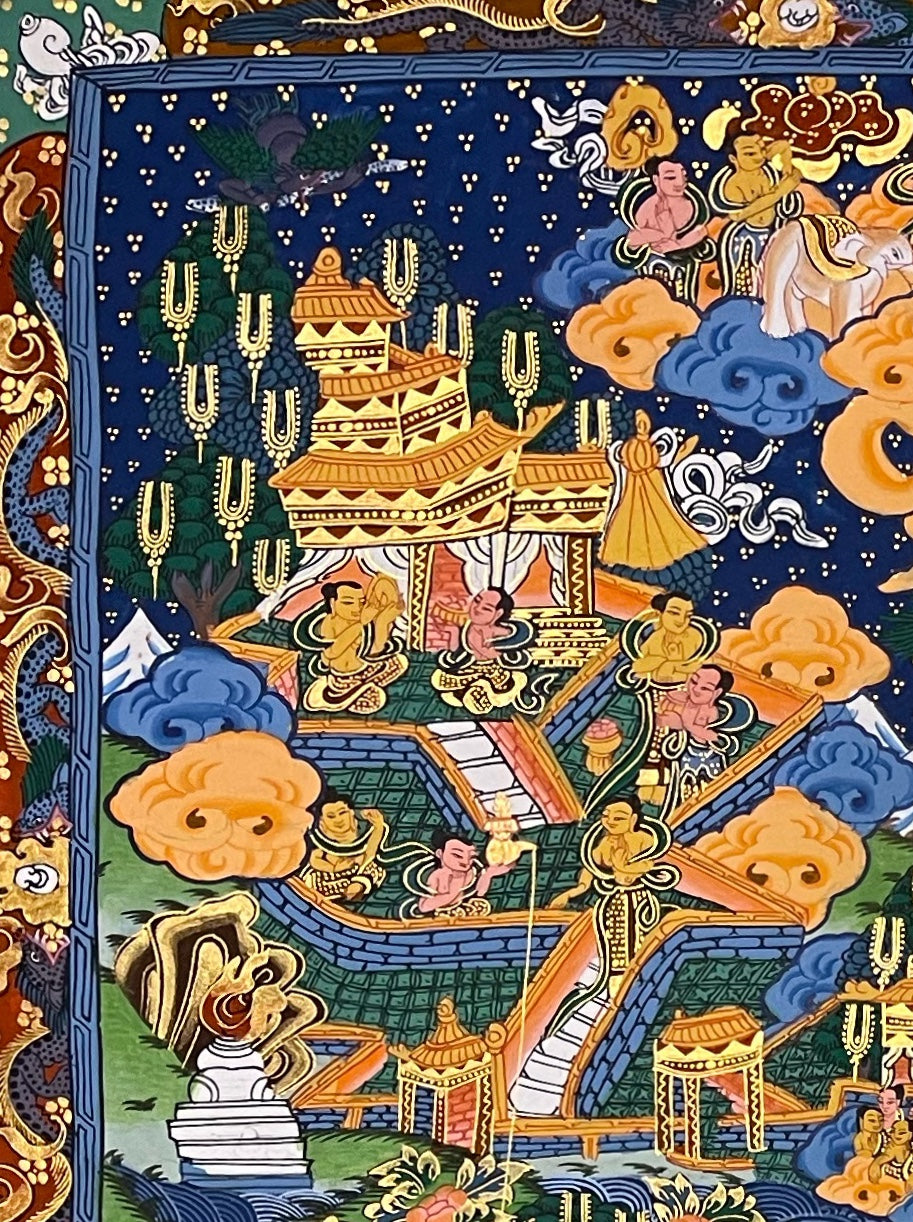 Buddha Life Story thangka, detail: top-left corner