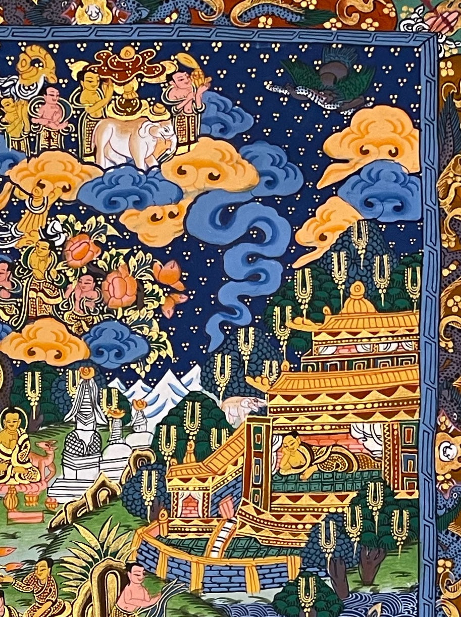 Buddha Life Story thangka, detail: top-right corner