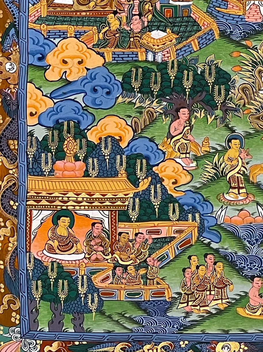Buddha Life Story thangka, detail: bottom-left corner