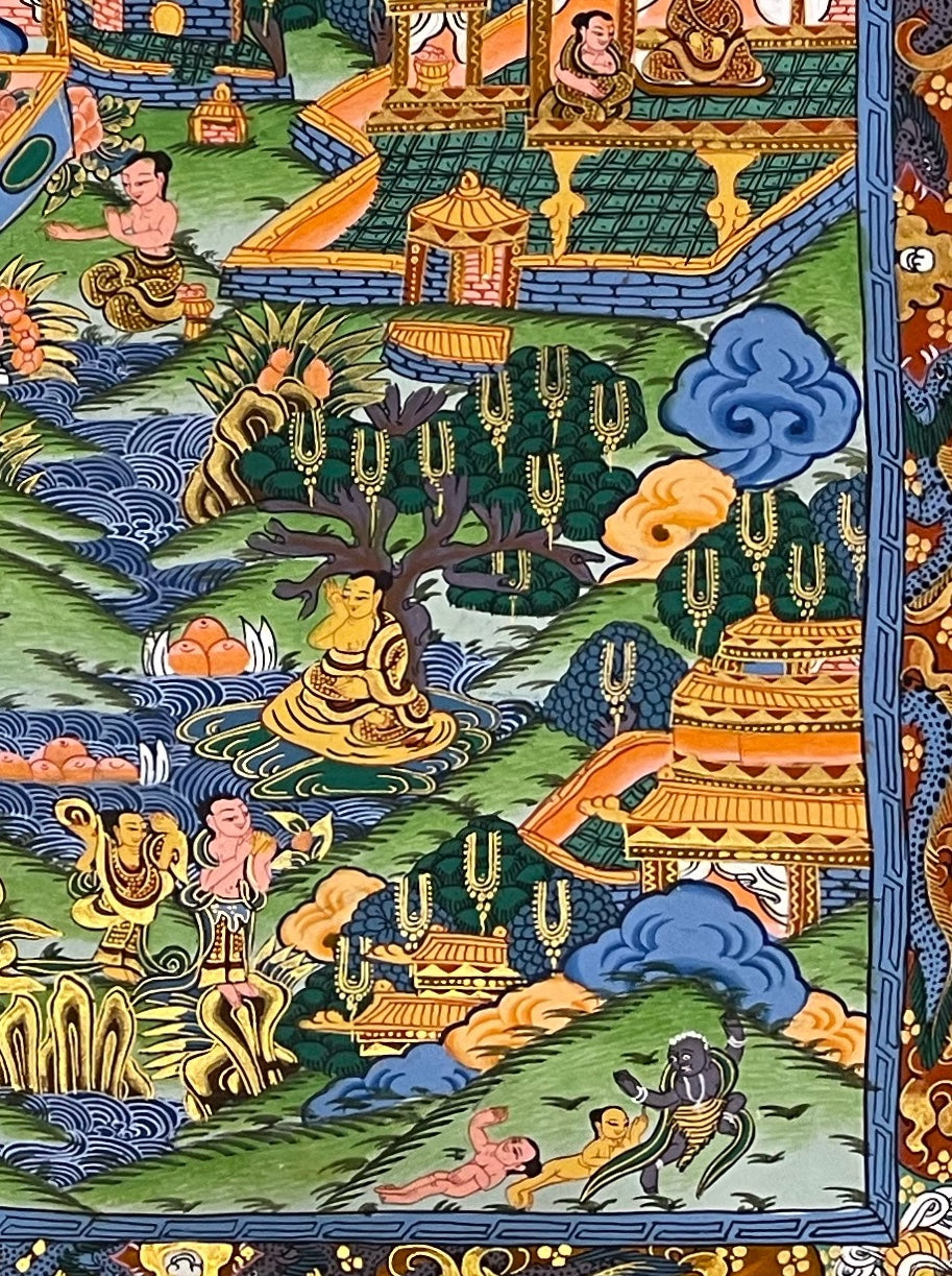 Buddha Life Story thangka, detail: bottom-right corner