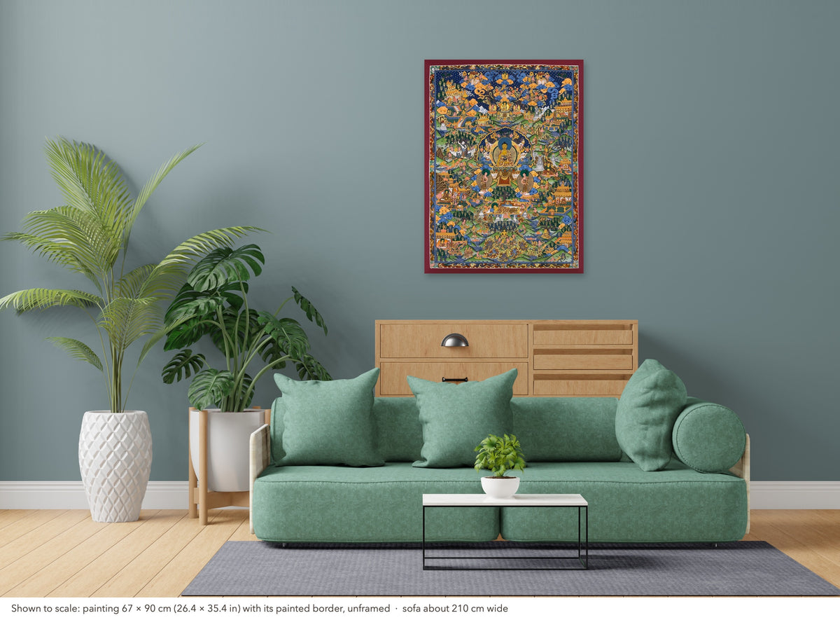 Buddha Life Story thangka shown to scale in a living room, unframed, above a sofa about 210 cm wide (67×90 cm)