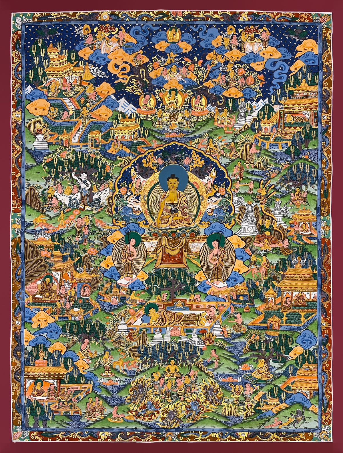 Buddha Life Story thangka, 67×90 cm: Shakyamuni at the centre, with his birth, his nirvana and other scenes of his life around him