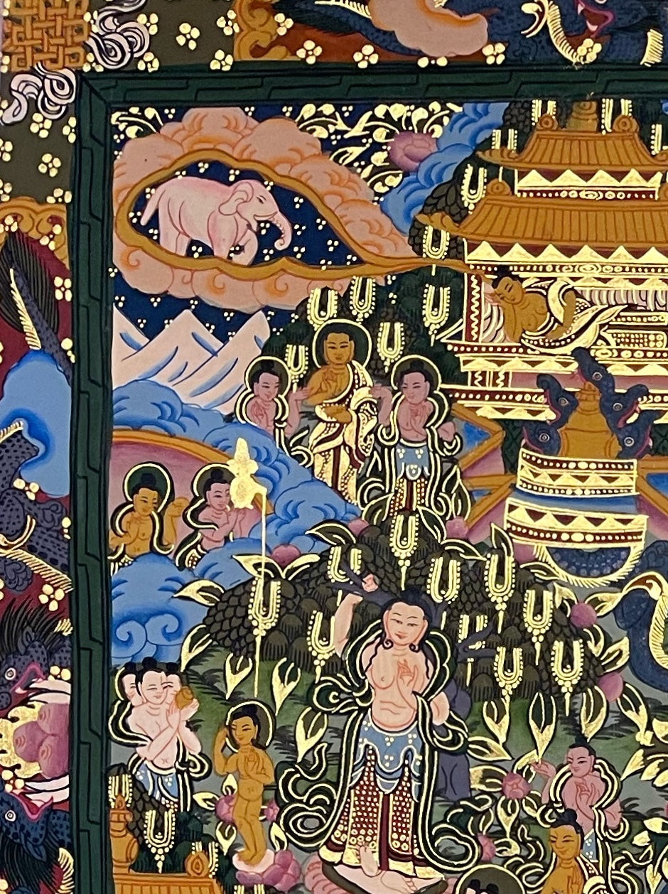 Buddha Life Story thangka, detail: top-left corner