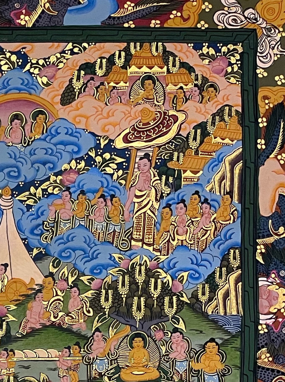Buddha Life Story thangka, detail: top-right corner