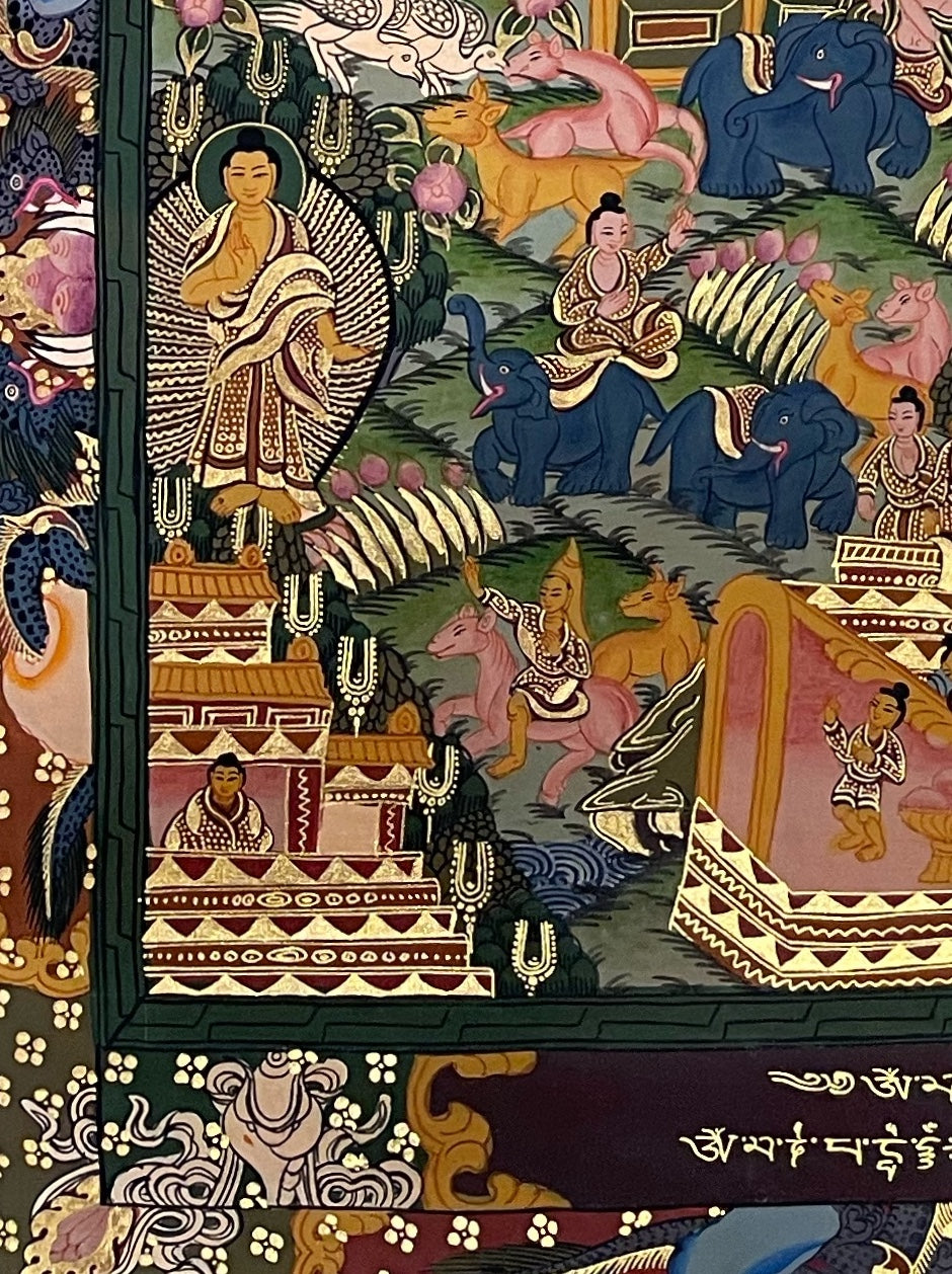 Buddha Life Story thangka, detail: bottom-left corner