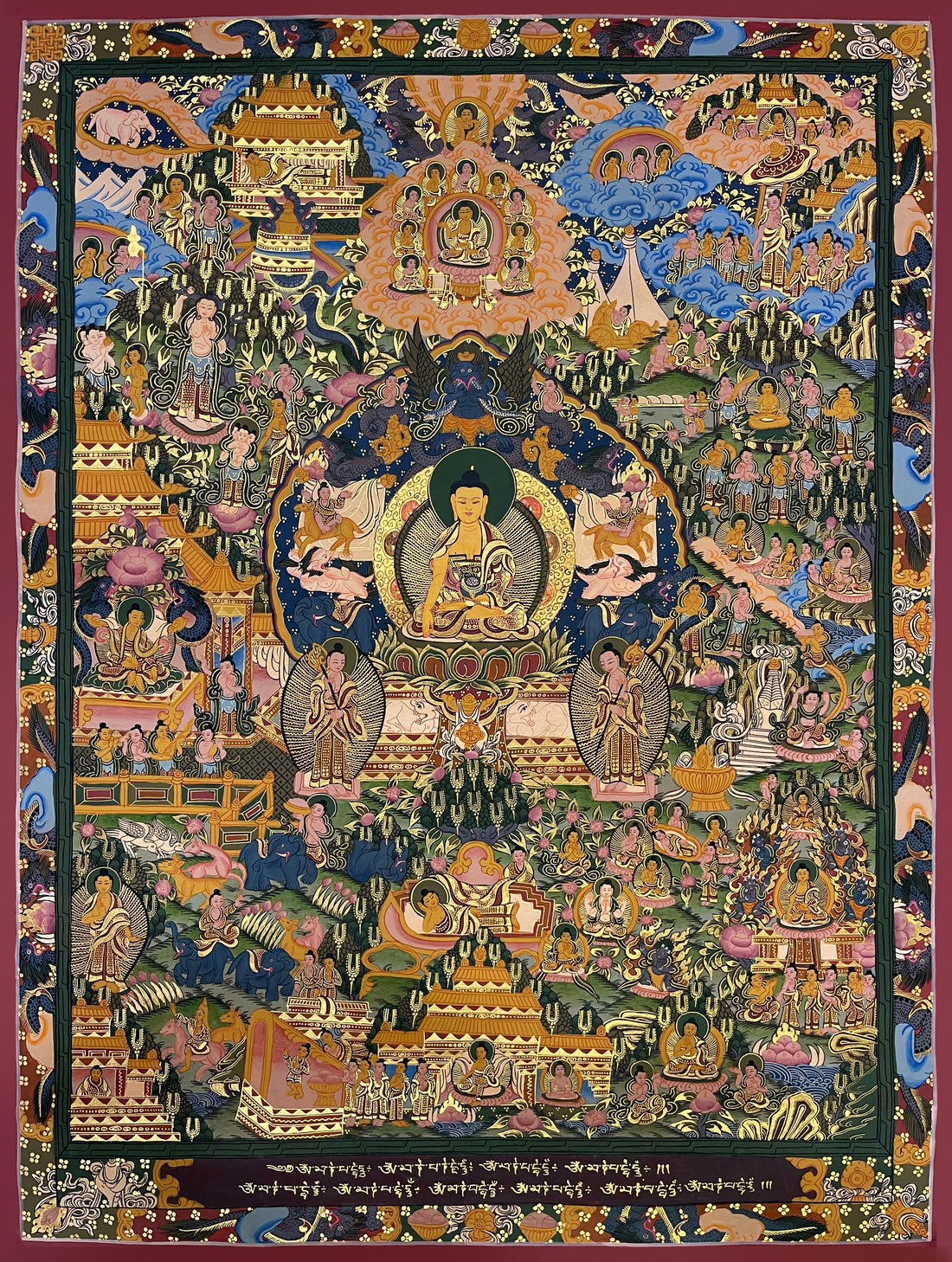 Buddha Life Story thangka, 63×83 cm: Shakyamuni at the centre surrounded by scenes of his life, with Om Mani Padme Hum along the base