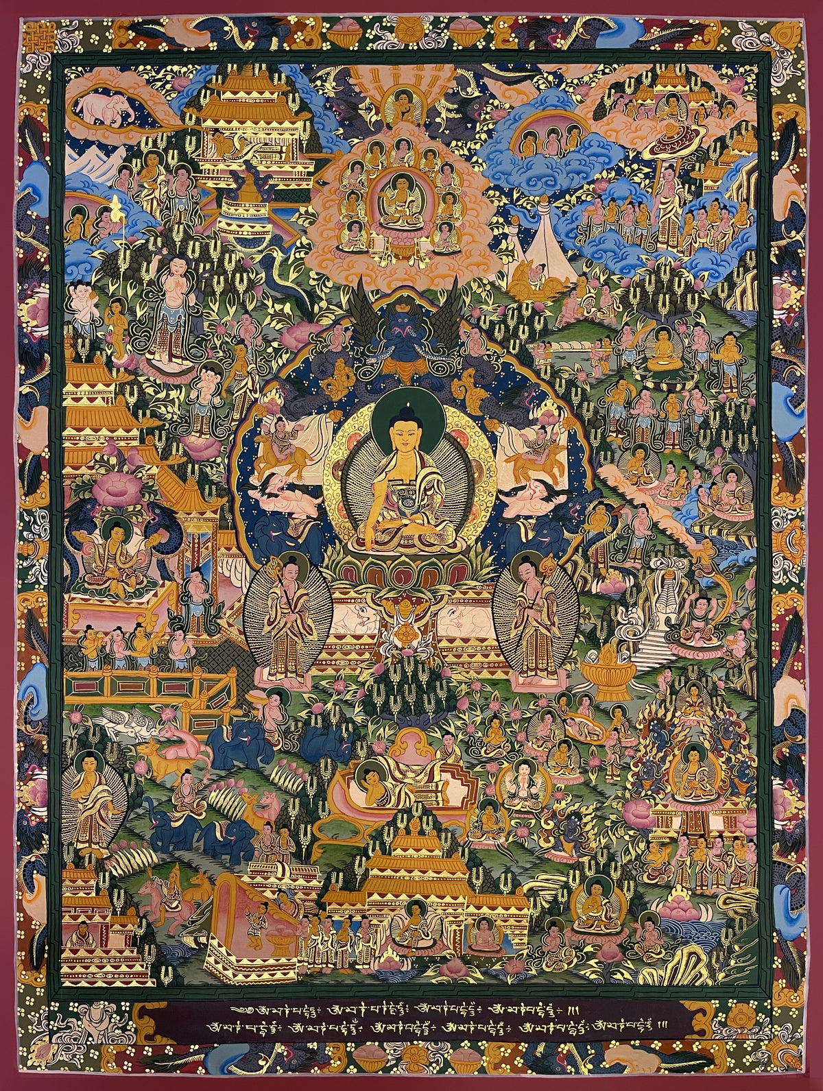 Buddha Life Story thangka, 63×83 cm: Shakyamuni at the centre surrounded by scenes of his life, with Om Mani Padme Hum along the base