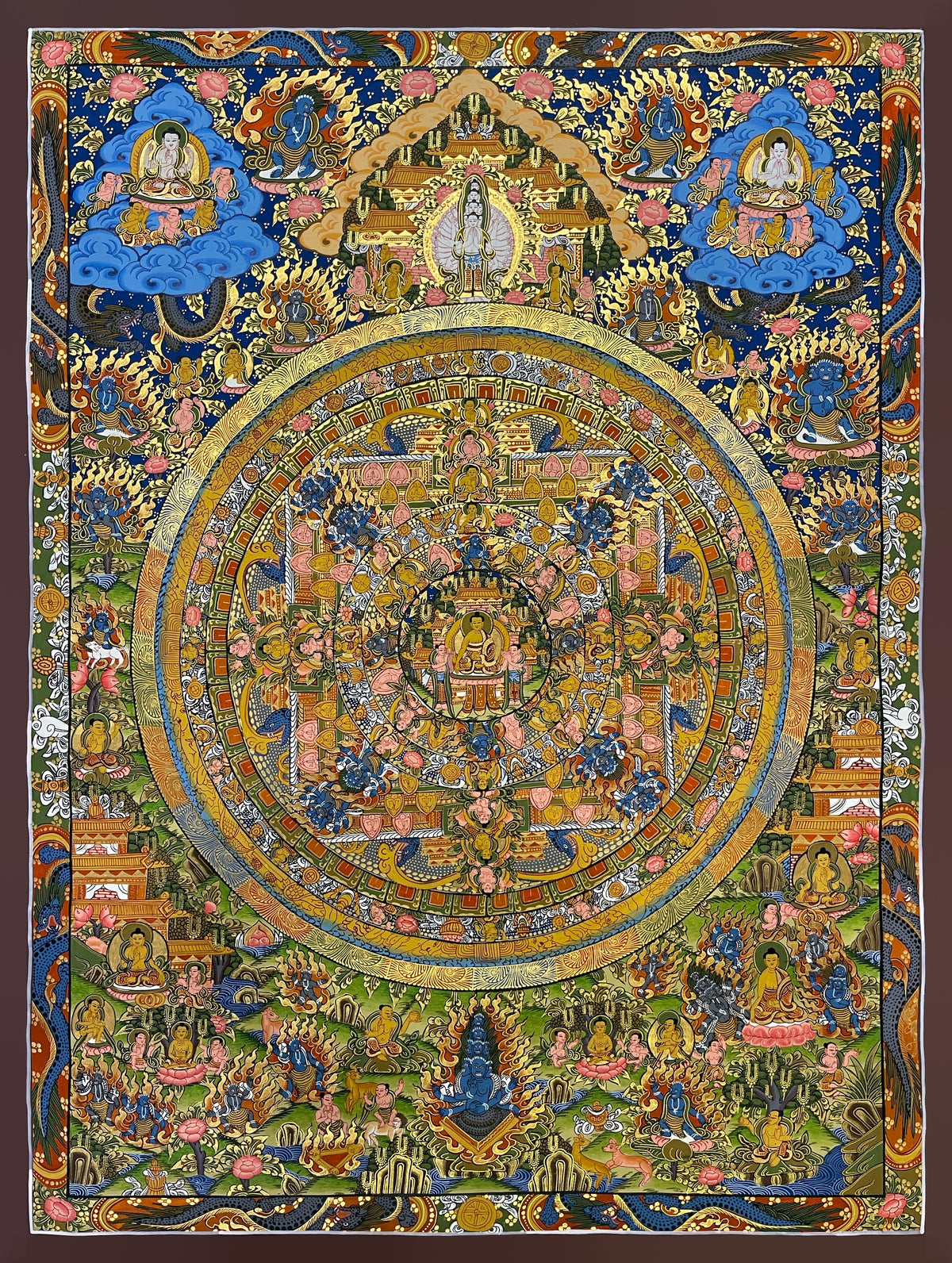 Buddha Mandala thangka, 63×83 cm: Shakyamuni at the centre of a great mandala circle, with thousand-armed Chenrezig above and protectors around