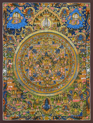 Buddha Mandala thangka, 63×83 cm: Shakyamuni at the centre of a great mandala circle, with thousand-armed Chenrezig above and protectors around