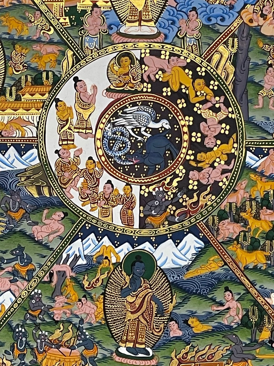 Wheel of Life thangka, 64×83 cm: dark blue Yama holding the Wheel of Life, with a bodhisattva and a standing Buddha above