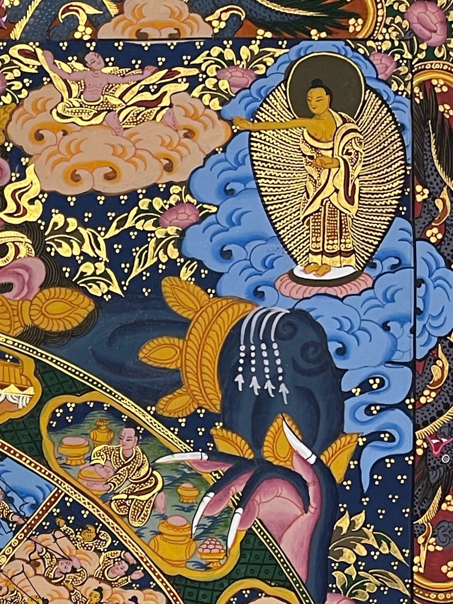 Wheel of Life thangka, detail: top-right corner