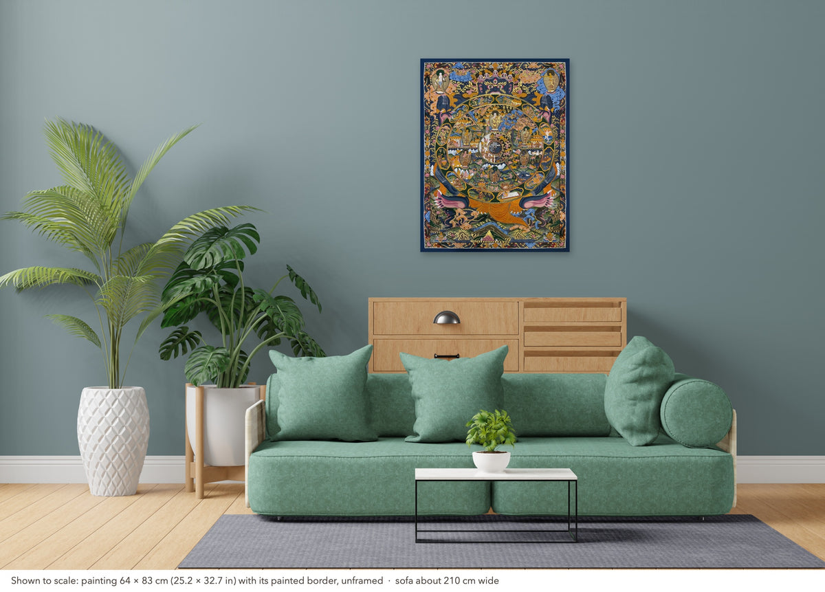 Wheel of Life thangka shown to scale in a living room, unframed, above a sofa about 210 cm wide (64×83 cm)