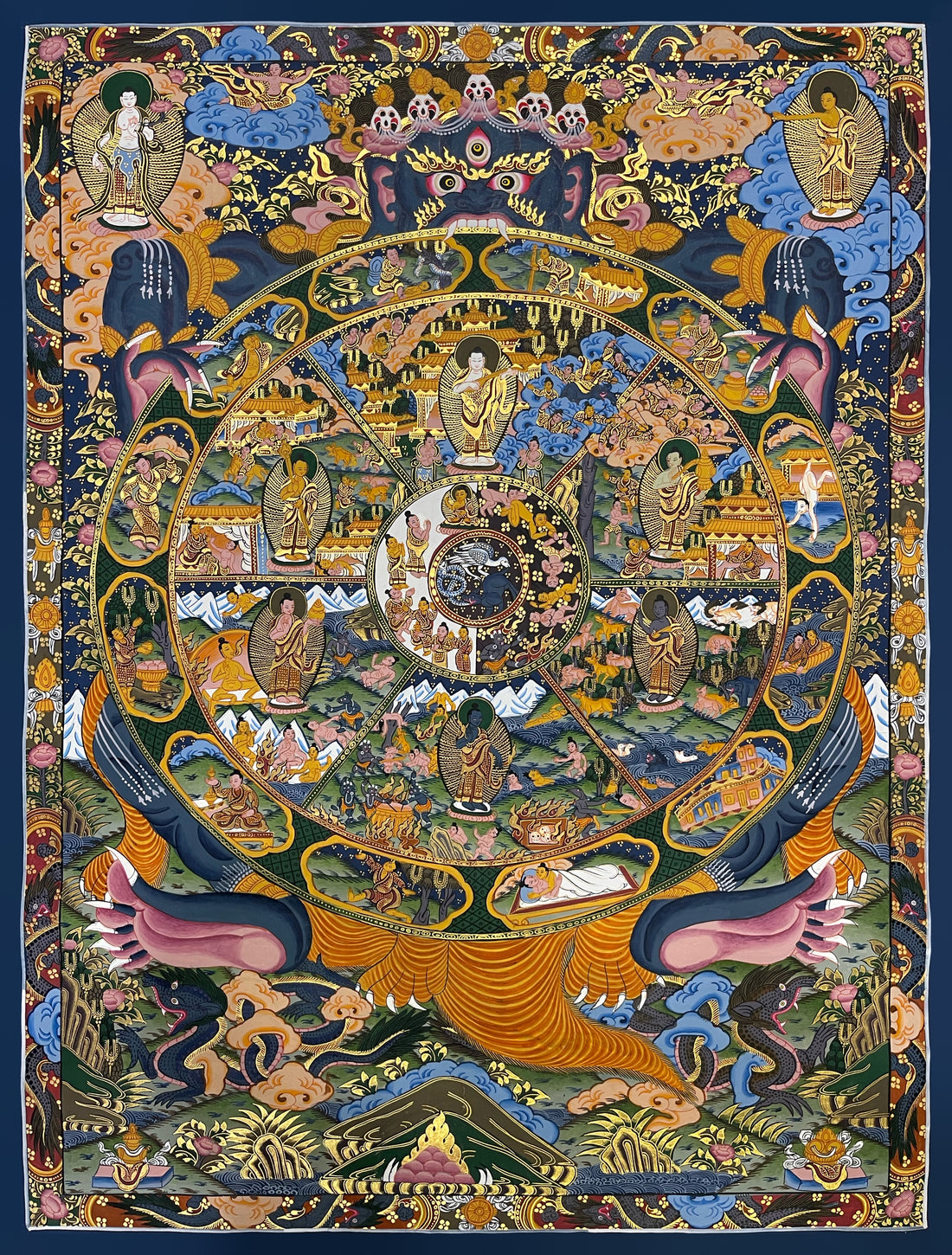 Wheel of Life thangka, 64×83 cm: dark blue Yama holding the Wheel of Life, with a bodhisattva and a standing Buddha above